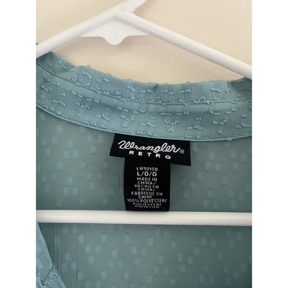 Wrangler Retro Women’s Blouse Turquoise Bell Sleeves Sheer Button-Up Large - Picture 3 of 5